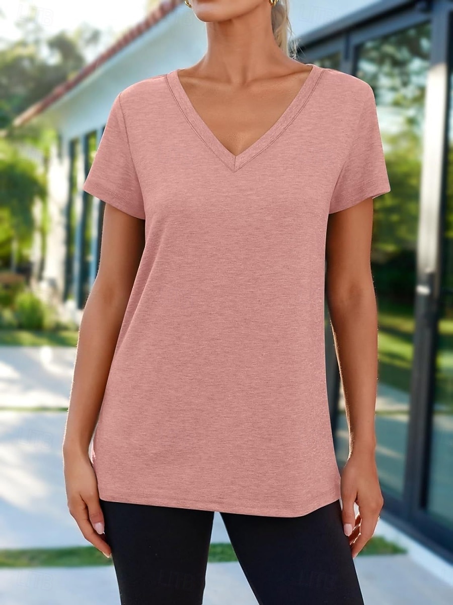 Per donna Maglietta Semplice Moda Elegante Classico Manica Corta Scollo a V Top Regolari Quotidiano Uscire Weekend Bianco Rosa Vino Blu marino Albicocca Estate Primavera del 2026 a $19.99 –P10