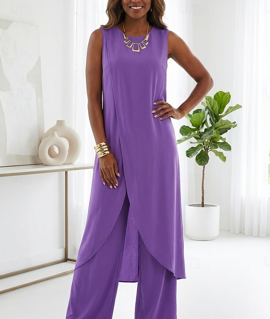 Women's Pants Sets Sleeveless Round Neck Plain Ruched Patchwork Elegant Fashion Streetwear Casual Daily Outdoor Black Red Purple Summer Loose Fit 2026 - $29.99 –P4