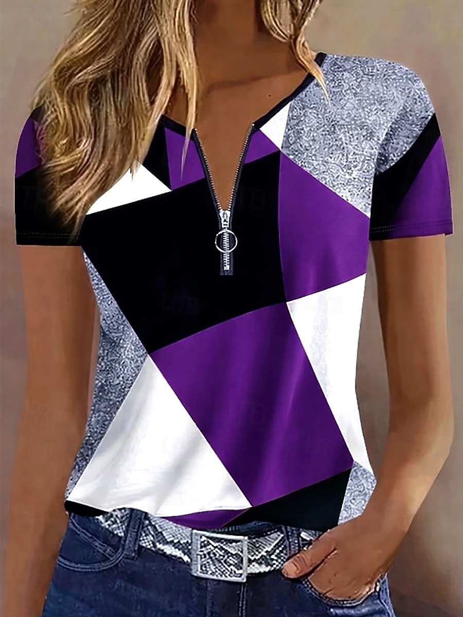 Dámské Tričko Zip Čtvrtletní zip Grafika Geometrický Abstraktní Vinobraní Tropický vzhled Havajské Krátký rukáv Tričkový Běžné topy Svatba na pláži Denní Sport Vodní modrá Černá Světlá růžov 2026 - $9.49 –P6