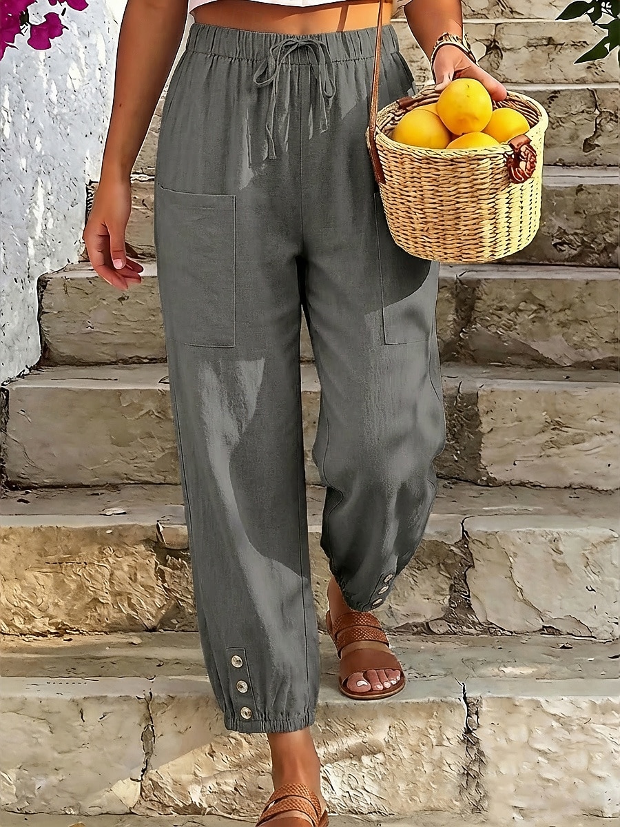 Γυναικεία Βαμβακερό λινό παντελόνι Καλοκαίρι παντελόνι Παντελόνια με κοψίματα Παντελόνι παραλίας Απλός Καθημερινό Ανατομικό Μέχρι τον αστράγαλο Μεσαία Μέση Μονόχρωμες Τσέπη Ελαστική μέση Αναπνέει 2026 - $18.49 –P4