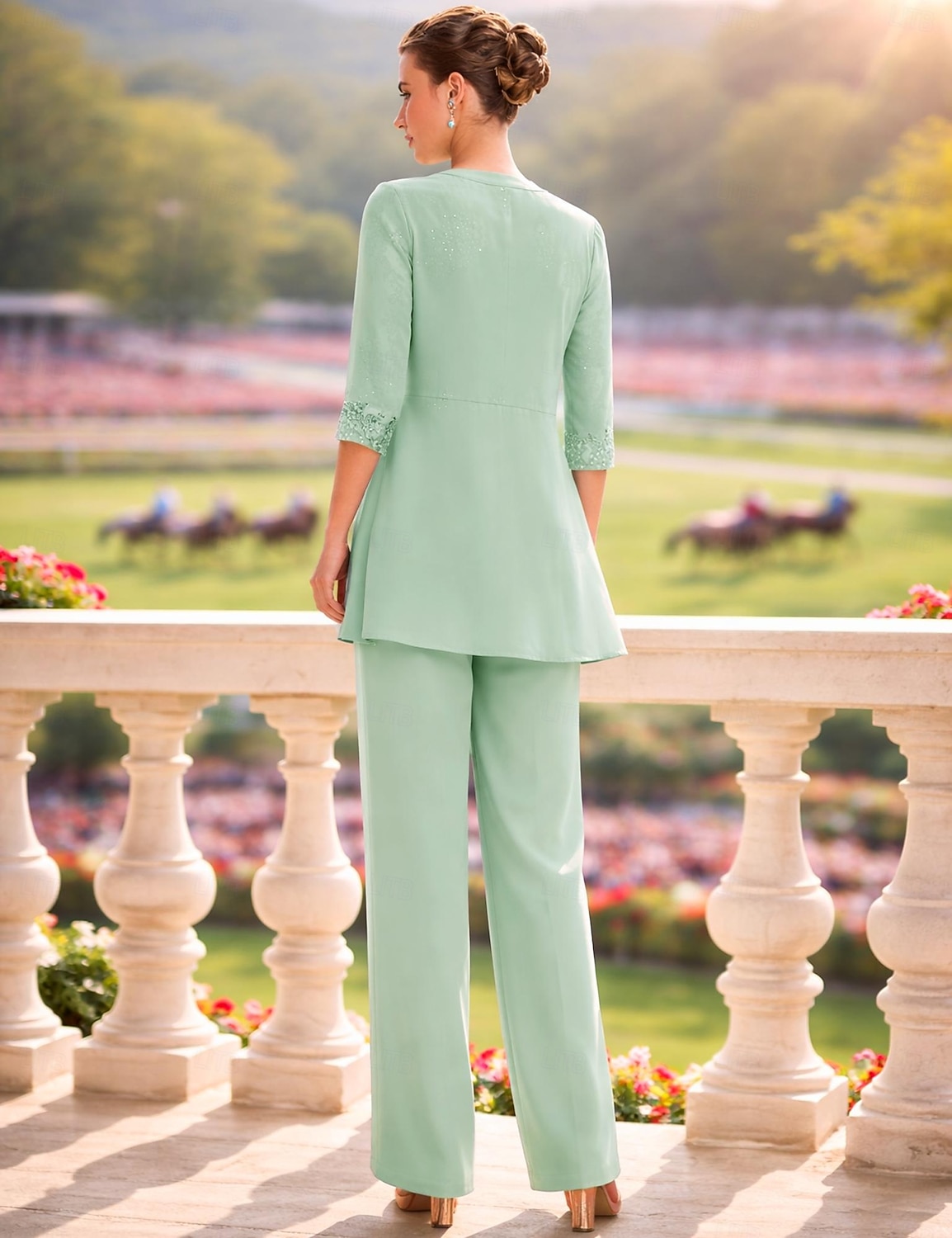 Overall Hosenanzug Dreiteilig Bodenlang Brautmutterkleid Dreiviertelarm Rundausschnitt Elegant Formell Hochzeitsgast Chiffon Spitze Paillettenbesetzt mit Spitze Paillette 2026 - $206.99 –P3