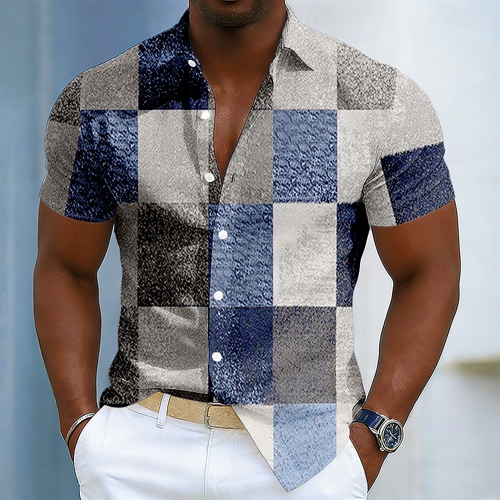 Per uomo Geometrico Blocco di colori Patchwork Camicia Camicia con Bottoni Manica Corta Moda Casual Quotidiano All'aperto Vacanza Estate Primavera Collo ripiegato Stampa 3D Camicia tipo lino Blu Rosso del 2026 a $25.99 –P2