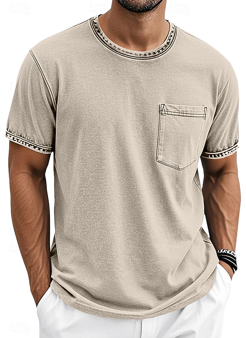 Herre T skjorte 100% bomullssyre-vaskeskjorte Kortermet Crew-hals Sommer Vår Alle årstider Helfarge Enkel Elegant Årgang Nøytral Lomme Plaggfarget Nedtrykt Avslappet Hjem utendørs Lyseblå Svart Brun 2026 - $20.99 –P10