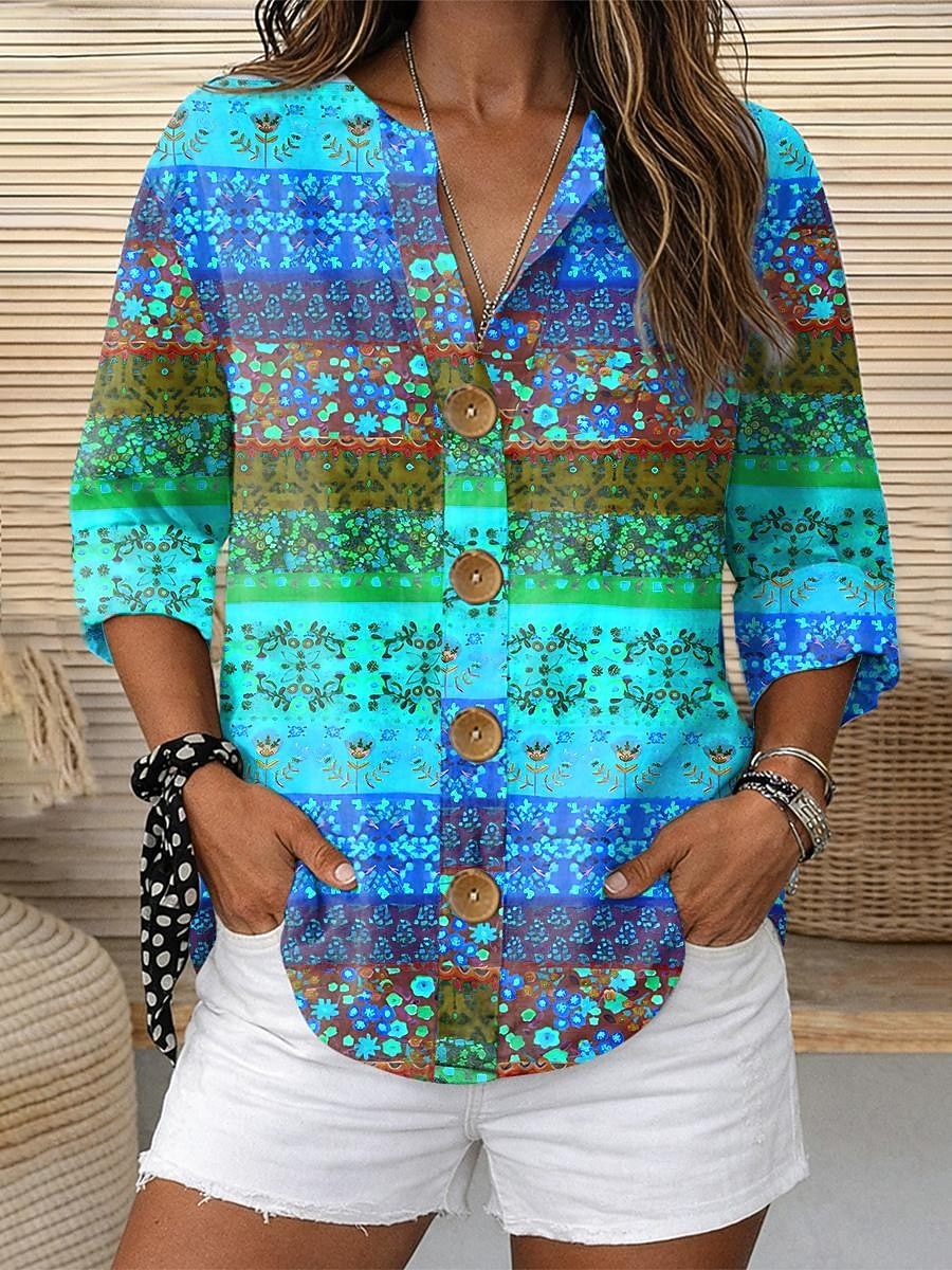 Mujer Blusa Estampado Floral Graphic Elegante Vintage Casual Manga 3/4 Cuello Barco Tops regulares Diario Festivos Ropa de vacaciones Azul Piscina Amarillo Morado Naranja Verano Primavera 2026 - $33.99 –P4