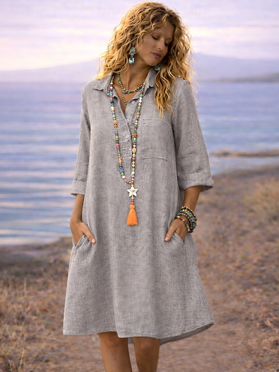 Mujer Mini vestido Vestidos con tacto de lino Vestido de Camisa Clásico Diario Festivos Noche Ajuste regular Plano Manga 3/4 Cuello Camisero Negro Caqui Verde Trébol Gris Verano 2026 - $18.99 –P1