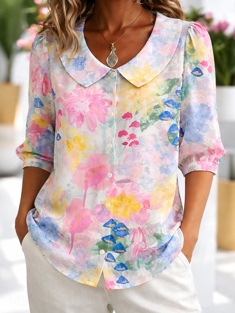 Femmes Chemise ancien Élégant Manche 3/4 Col Rond Claudine Hauts Réguliers Quotidien Travail Fête Bleu Rose Claire Violet Vert Été Printemps de 2026 ? $28.99 –P1