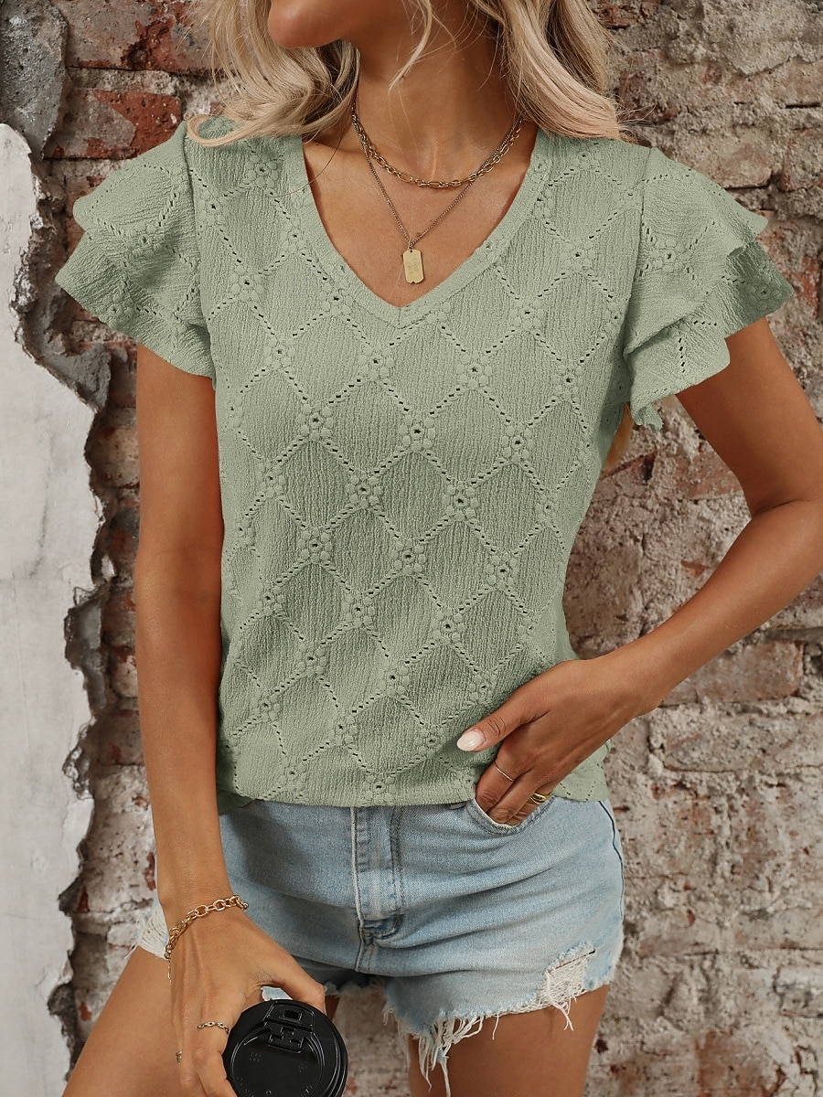 Mulheres Camisa Social Topo de ilhó Blusa Patchwork Tecido à moda Clássico Moderno Manga Curta Decote V Tops regulares Diário Feriado Para Noite Preto Azul Céu Roxo Claro Laranja Verde Verão Primavera de 2026 por $22.99 –P9