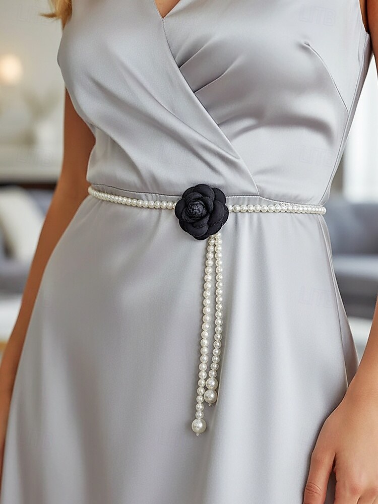 Collar de cadena para la cintura con perlas de imitación de camelia para mujer en blanco y negro, joyería elegante y versátil para bodas, fiestas nocturnas, para ir al trabajo y ocasiones formales. 2026 - $11.99 –P4