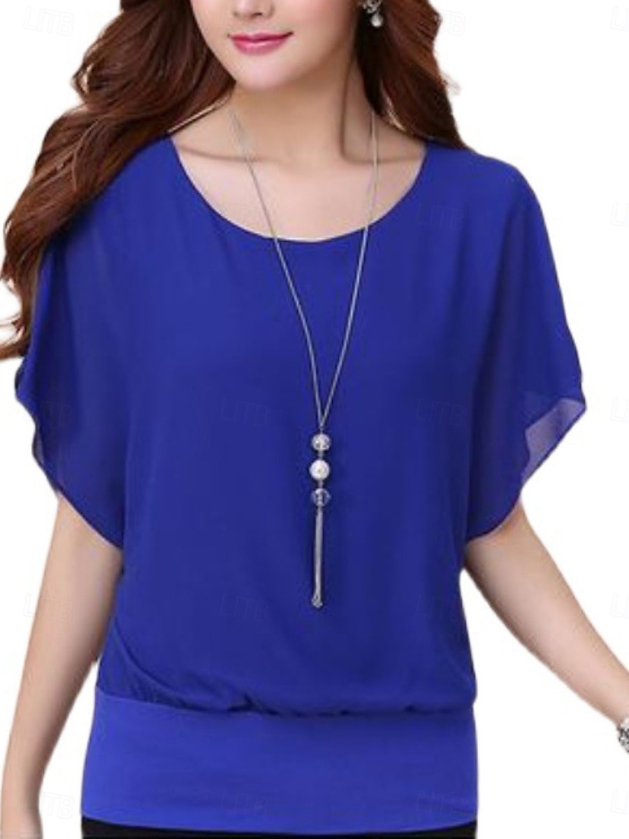 Mujer Camiseta Retazos Plano Casual Manga Corta Cuello Barco Tops regulares Diario Noche Fin de semana Negro Blanco Rojo Azul Real Morado Verano Primavera 2026 - $21.99 –P3