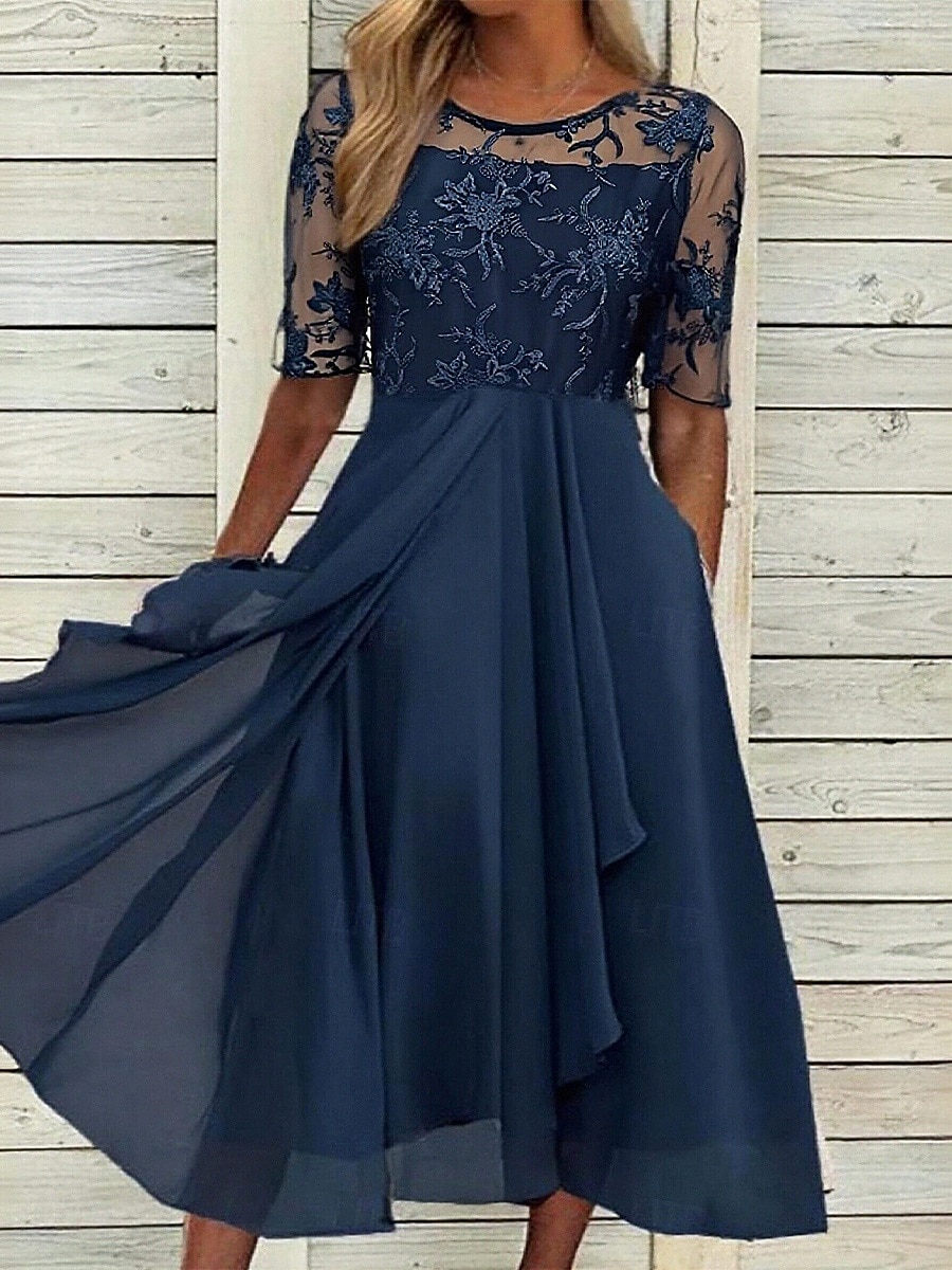 Damen Midikleid Spitzenkleid Cocktailkleid Kleid für Hochzeitsgäste Chiffonkleid Elegant Formell Party Hochzeit Normale Passform Halbarm Rundhalsausschnitt Blau Rosa Wein Dunkelgrün Sommer 2026 - $44.99 –P2
