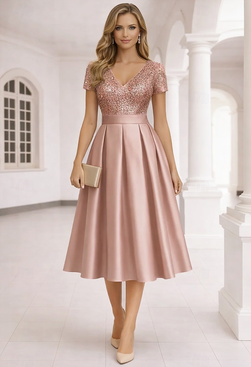 A-Line Tea Length Cocktail Dresses Elegant Short Sleeve V Neck Garden Party Wedding Satin Sequined with Pleats Sequin 2026 - $148.99 –P1