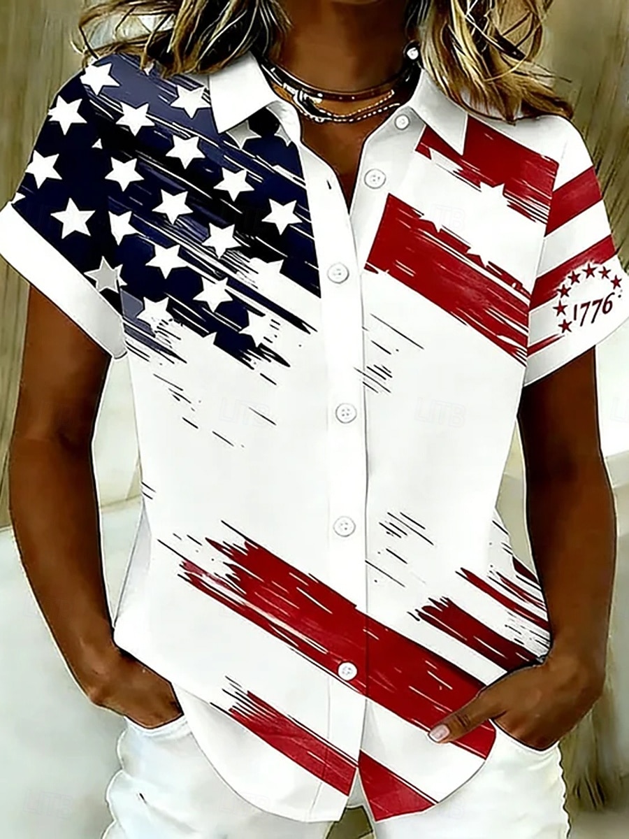 День независимости США Жен. Рубашка Рубашки из хлопка и льна Блуза Пуговицы Цветочный принт Графика Флаг Винтаж Стиль На каждый день Без рукавов С короткими рукавами Рубашечный воротник Длинные топы 2026 - $26.99 –P3