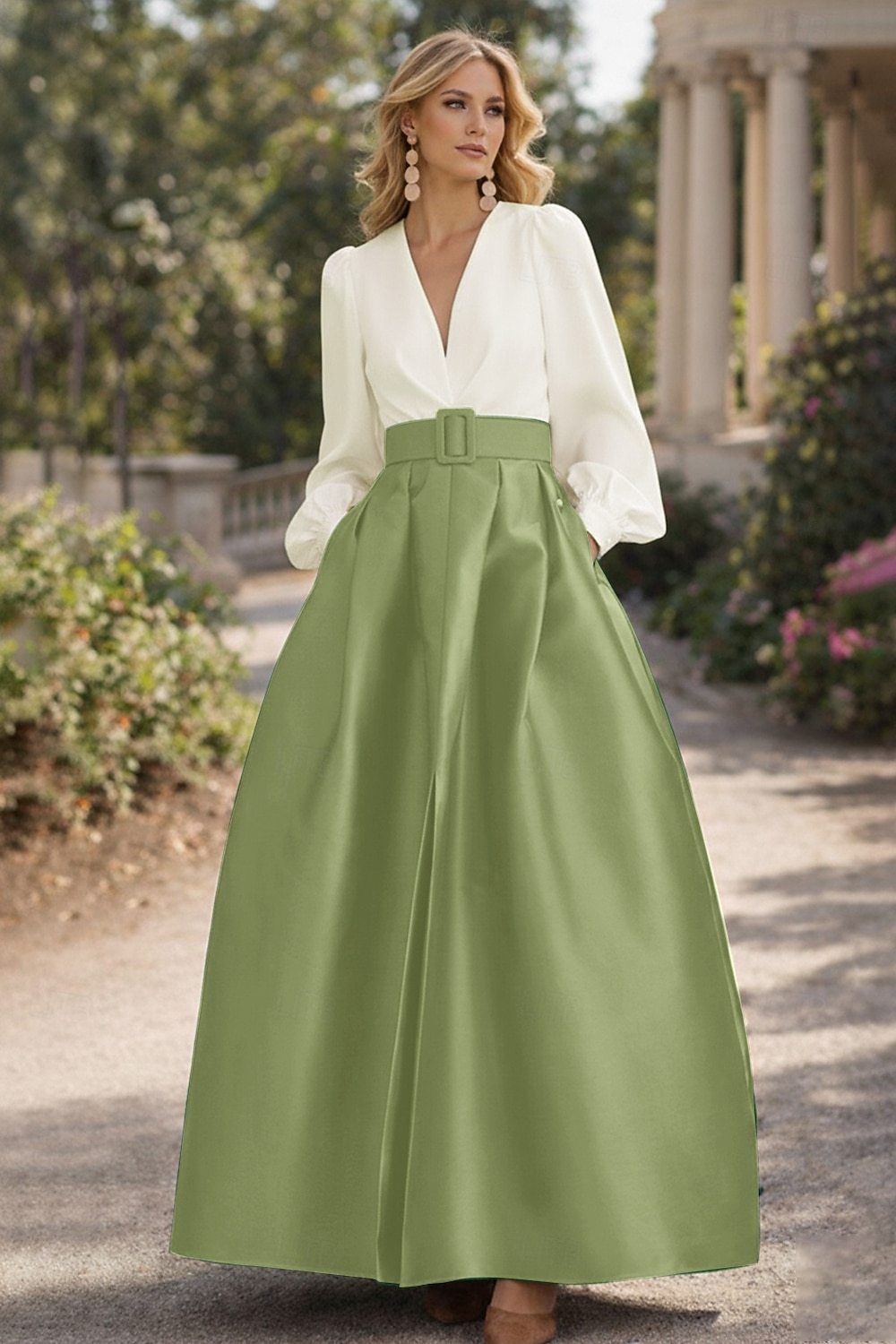 A-Line Floor Length Evening Gown High Split Mother Of The Bride Long Sleeve V Neck Formal Wedding Guest Belt / Sash Satin with Pleats Slit 2026 - $172.99 –P17