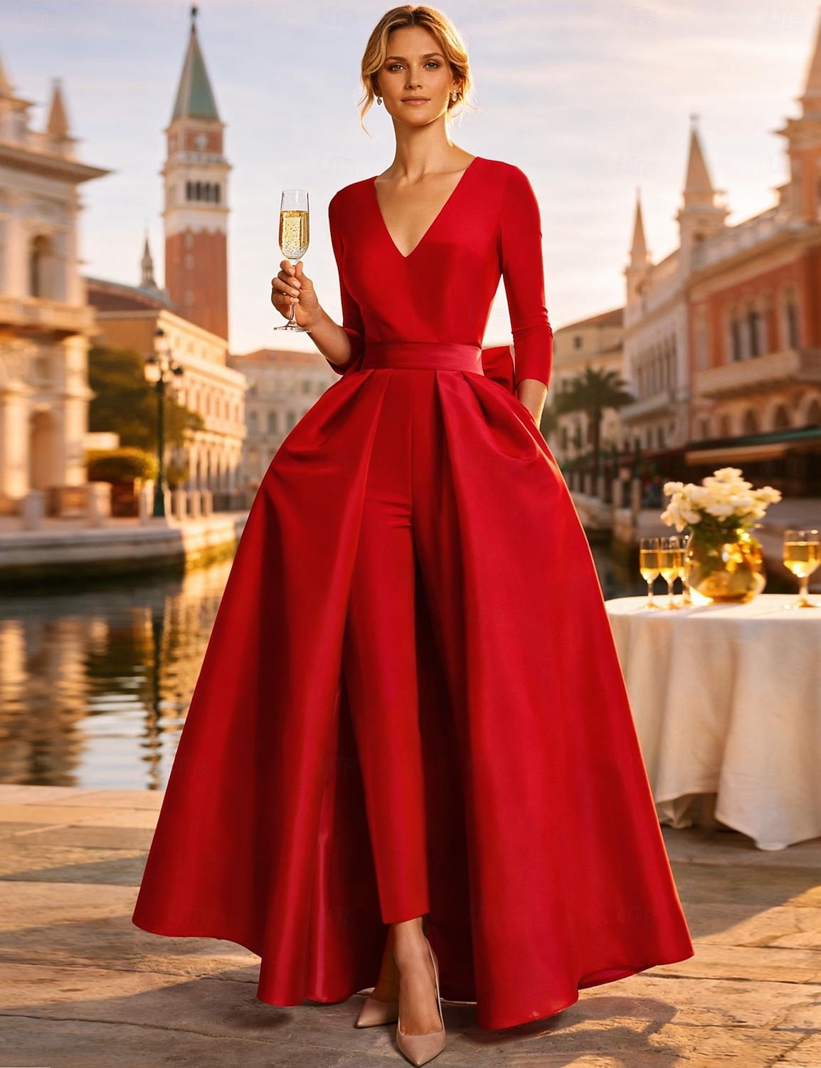 Două Piese Salopeta Lungime Podea Detașabil Rochii de seara Elegant Manșon Lung În V Nuntă Invitat la nunta Buzunar Țesătură întinsă cu Fluture 2026 - $153.99 –P3