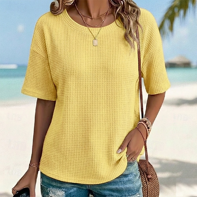 T-shirt classique en maille gaufrée pour femme, couleur unie, moderne et décontracté, manches courtes, col rond, coupe droite, idéal pour le quotidien, les vacances, les sorties, noir, blanc, jaune, rose, bordeaux, été et printemps de 2026 ? $26.99 –P5