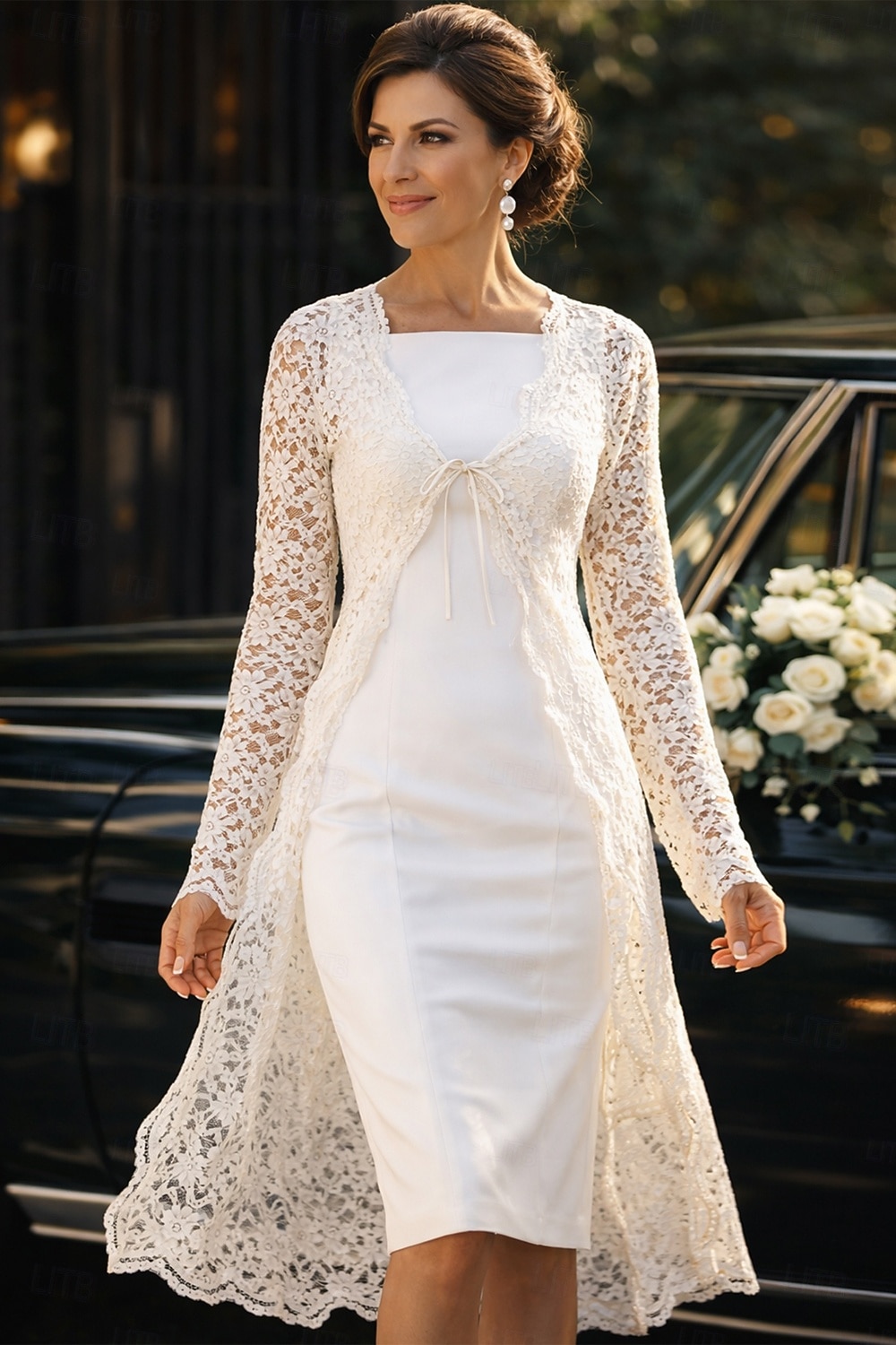 Todelt Linjeform Knelengde Gjestekjole til bryllup Kjole til brudens mor Ermeløs Firkantet hals Elegant Bryllupsgjest Bryllupsfest Kirke Chiffon Blonder Jakke kjoler med Ensfarget 2026 - $160.99 –P5