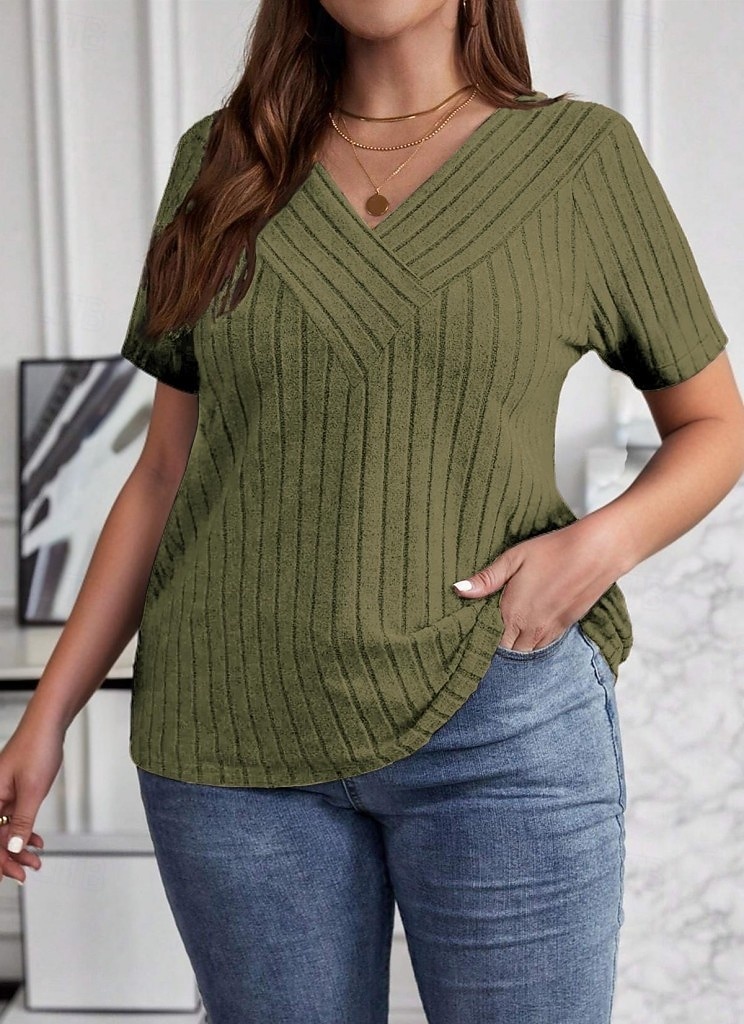 Damen Übergröße Übergroße Rippstricktops T Shirt Stilvoll Lässig Kurzarm V Ausschnitt Lange Oberteile Täglich Ausgehen Wochenende Schwarz Wein Armeegrün Königsblau Purpur Sommer Frühling 2026 - ZAR R399.57 –P4