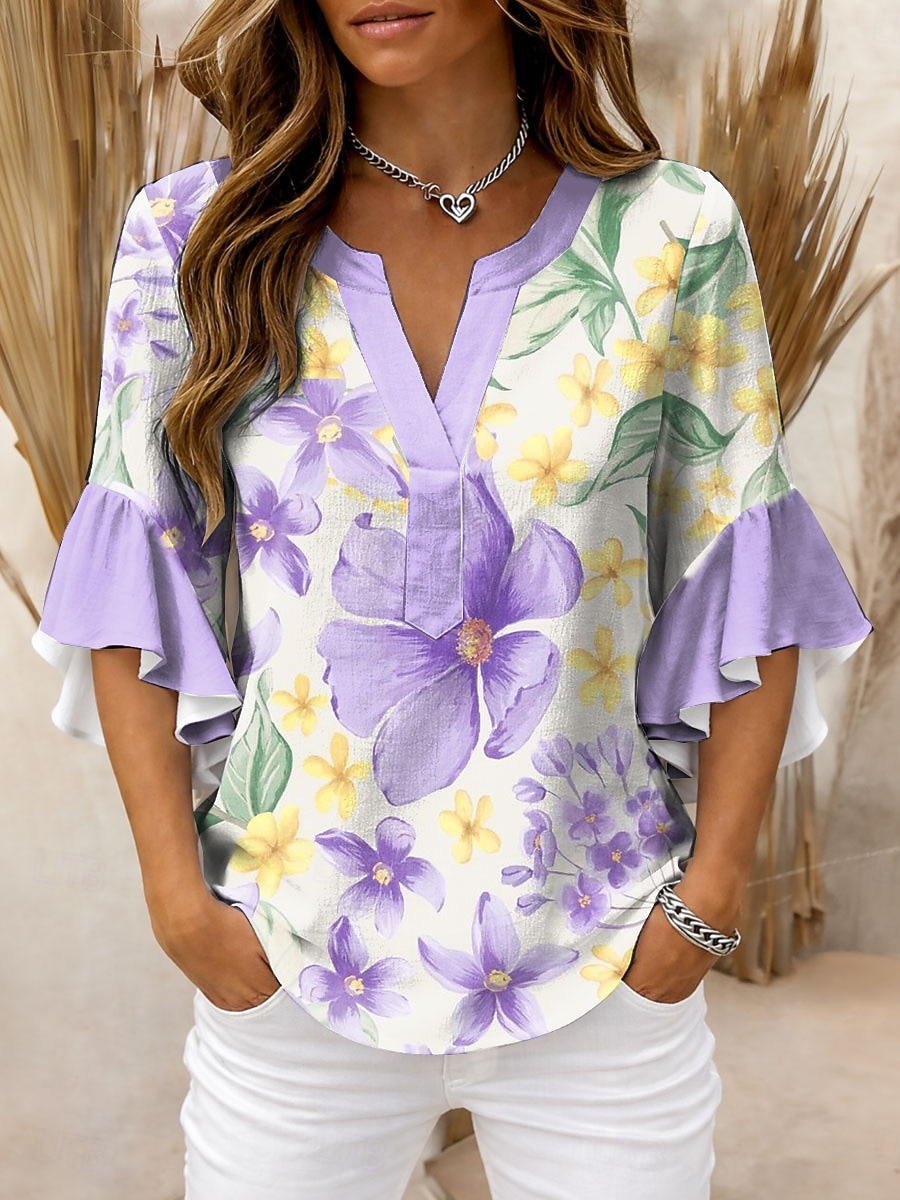 Per donna Blusa Volant Stampato Floreale Grafico Vintage Quotidiano Elegante Manica 3/4 Scollo a V Top Regolari Quotidiano Ferie Abbigliamento da vacanza Rosa Viola Arancione Verde Estate Primavera del 2026 a $32.99 –P1