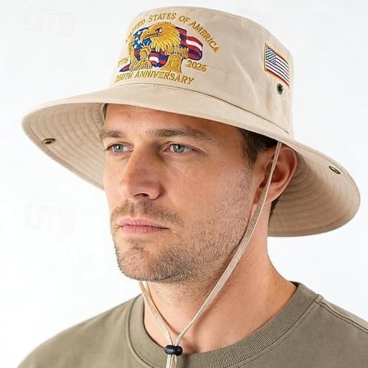 Vyšívaný rybářský klobouk k 250. výročí USA, americký kbelík k 250. výročí, 1776-2026, skládací vlastenecké sluneční klobouky pro muže i ženy, prodyšné a univerzální pro všechna roční období. 2026 - $21.99 –P7