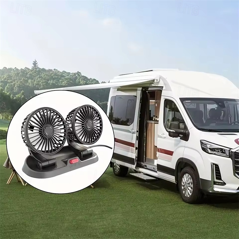 Dubbelhuvudig bilfläkt 12v 24v USB-driven, 360° roterbar bärbar fordonskylfläkt, tyst kraftfull billuftcirkulator för instrumentbrädans nackstöd, universell passform för bil, SUV, lastbil, husbil, 2026 - $41.99 –P1