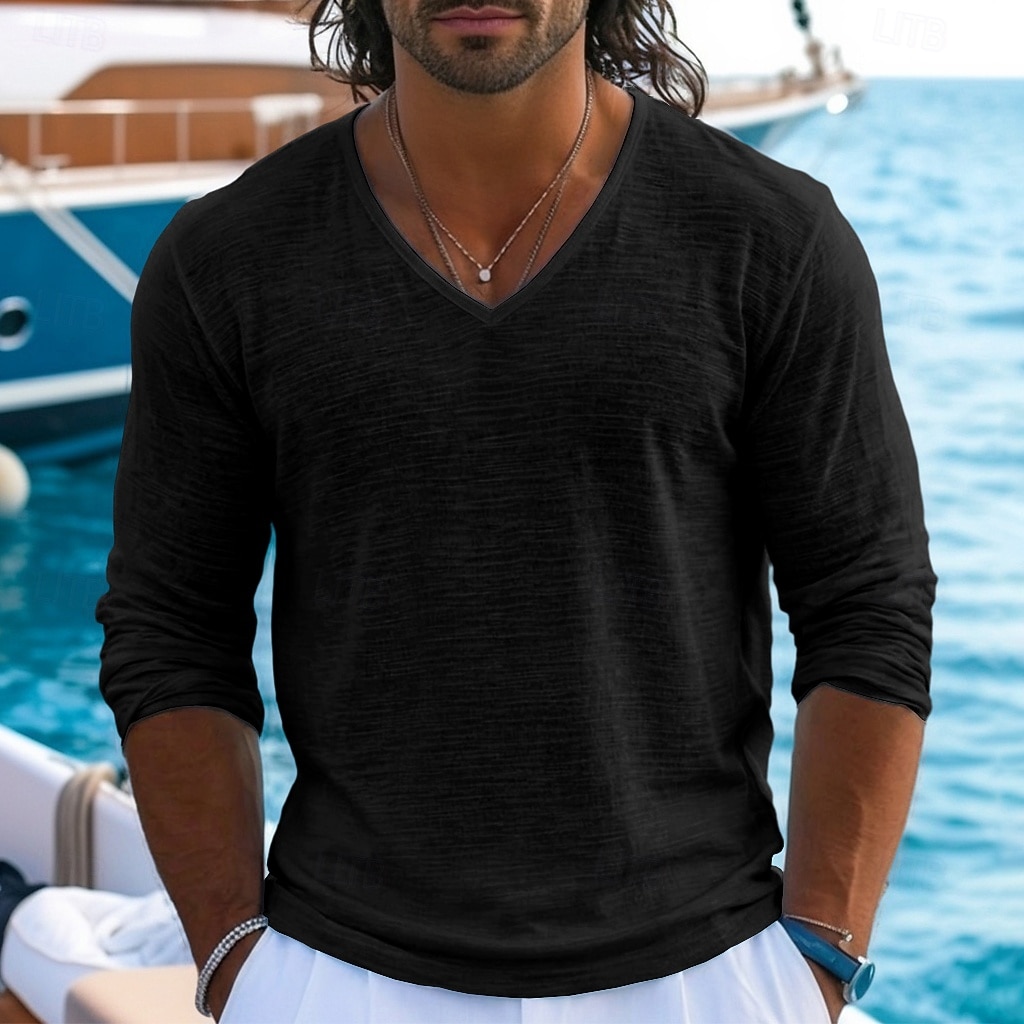 Муж. Футболка Футболка из льна Длинный рукав V-образный вырез Лето Весна Весна лето Сплошной цвет Полотняное плетение Текстура Повседневные На каждый день Уличный стиль Гладкая ткань 2026 - $20.99 –P12