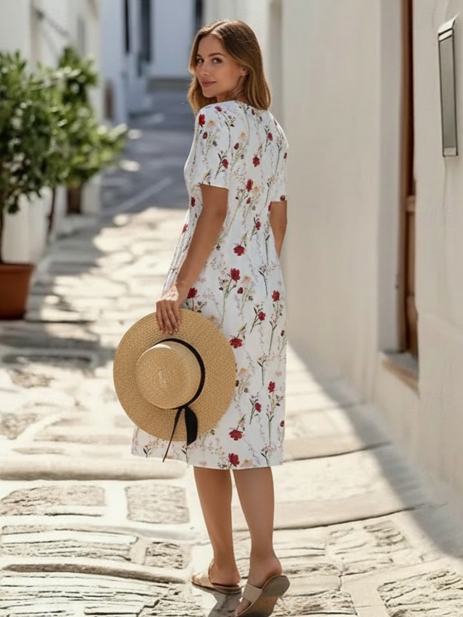 Women's Midi Dress Faux Cotton Linen Shift Dress Casual Dress Summer Dress Fashion Modern Daily Beach Weekend Regular Fit Floral Short Sleeve Crew Neck Blue White Red Navy Blue Summer 2026 - $27.99 –P4