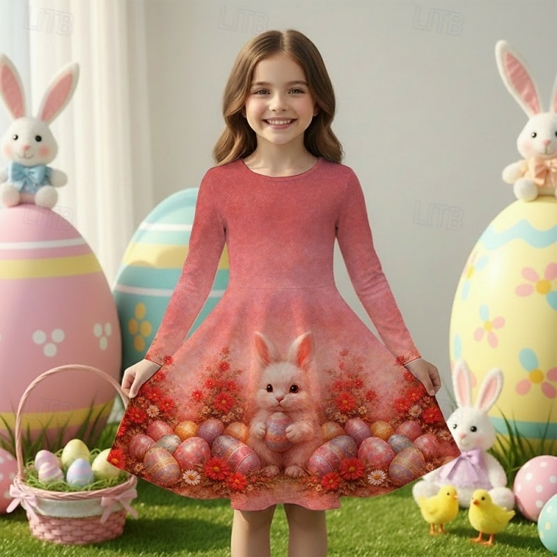 Pasen Meisjes 3D Grafisch Konijn Jurk Lange mouw 3D-afdrukken Lente Herfst Dagelijks Vakantie Feest Casual Prinses Mooi Kinderen 4-12 jaar Casual jurk A lijn jurk Tot de knie Normale pasvorm 2026 - $22.99 –P1