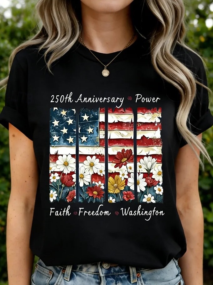 American Independence Day Women's T Shirt Print Graphic Letter American Flag Stylish Classic Casual Short Sleeve Crew Neck Regular Tops Daily Black White Red Navy Blue Beige Summer Spring 2026 - $22.99 –P7