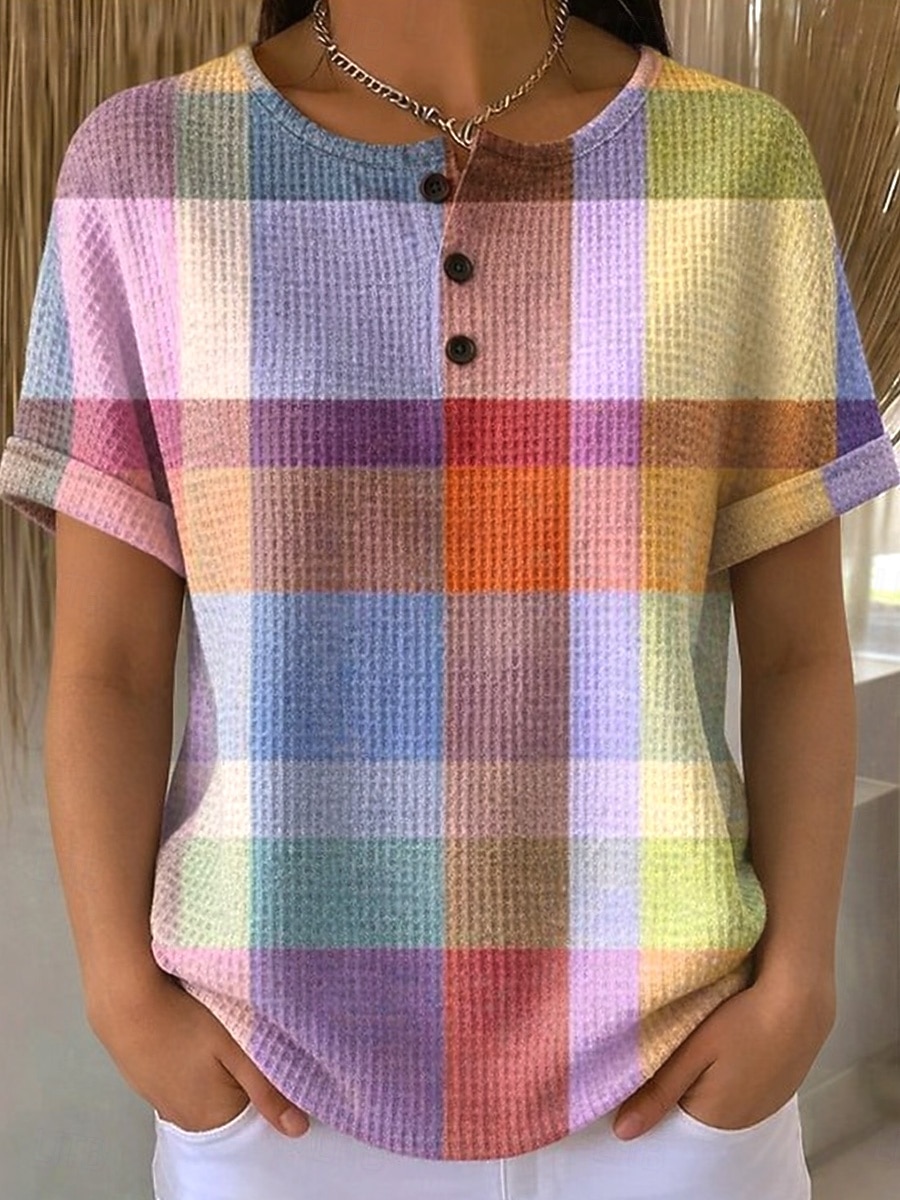 Dámské Waffle T-shirt s potiskem grafiky geometrické vintage stylové klasické krátký rukáv kulatý výstřih pravidelné topy denní černá a bílá černá bílá žlutá červená léto jaro 2026 - $21.99 –P8