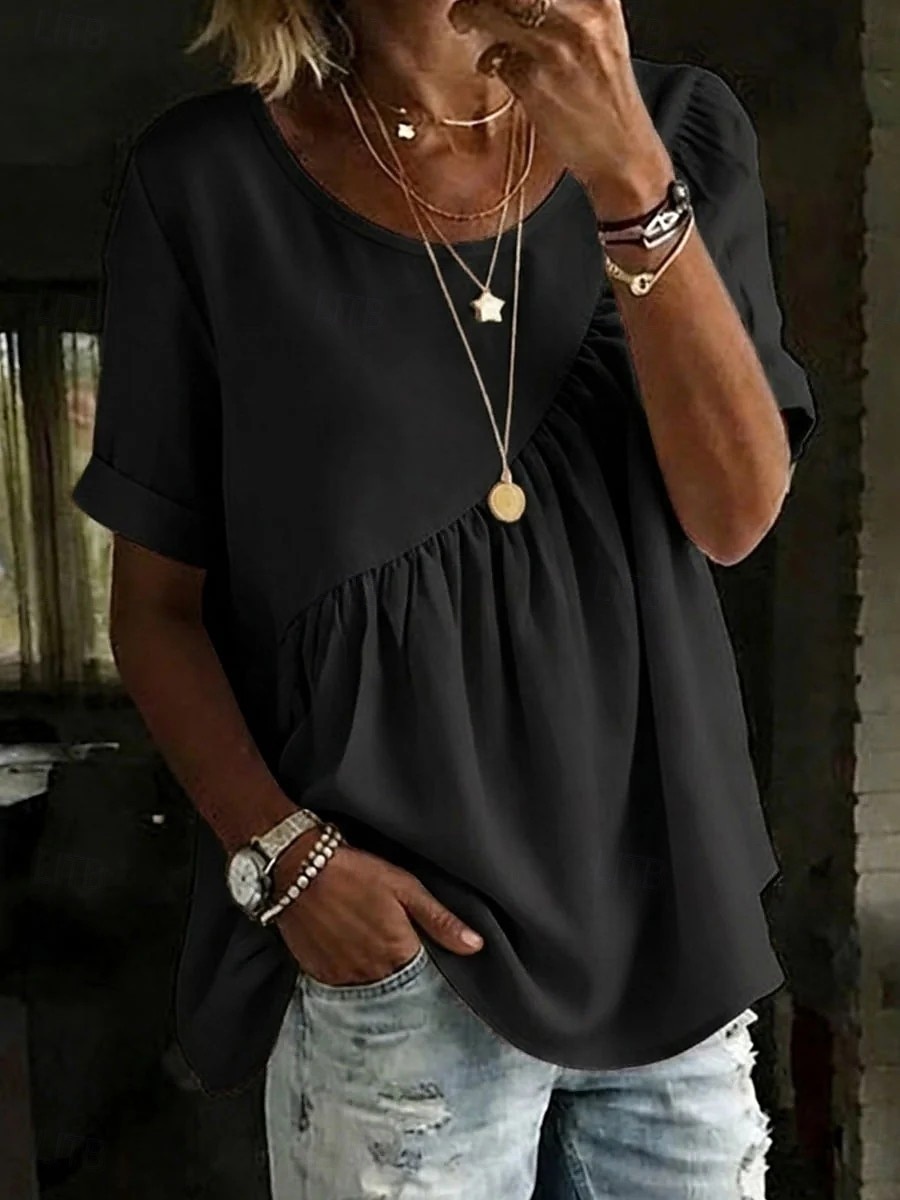 2026年 女性用 Tシャツ フェイクリネンシャツ ティートップ フリル 平織り ファッション スタイリッシュ クラシック 半袖 クルーネック レギュラートップス 日常 お出かけ 週末 ブルー ブラック ホワイト イエロー ピンク 夏 春  コレクション – $24.99 –P3