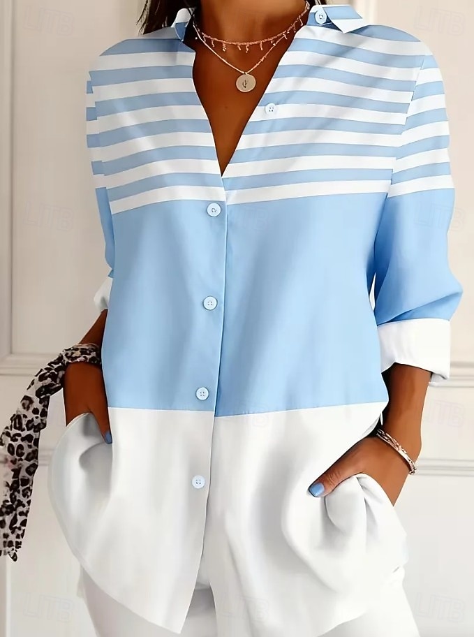Mujer Camisa Blusa Retazos Botones Estampado Graphic Geométrico Plaid Vintage Tropical Diario Manga Larga Cuello Camisero Tops regulares Diario Azul claro Verano Primavera 2026 - $32.99 –P1