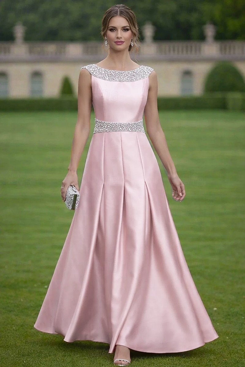 Linea ad A Lunghezza al pavimento Abito da Sera Abito formale Elegante Brillanti Abbellito Senza Maniche Scollo a Barca Matrimonio Formale Raso con Pieghe Cristalli del 2026 a $194.99 –P1