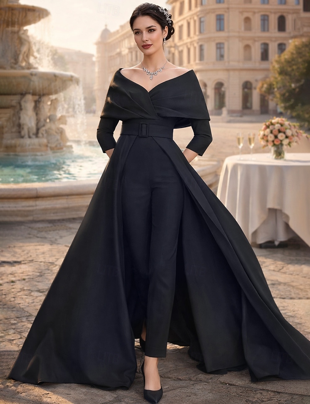 Tvådelad Byxor Ankellång Klänning till brudens mor 3/4 ärm Rundhals Över axeln Elegant party Formell Bröllopsgäst Stretchtyg med Bälte / band 2026 - $167.99 –P1