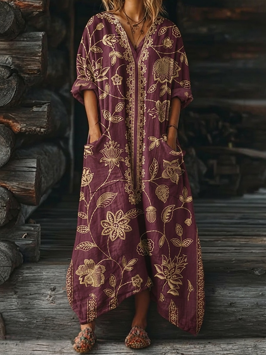 Dame Maxikjole Boho-kjole Uformell kjole Print kjole Årgang utendørs Feriereise Helg Løstsittende Blomstret Grafisk Langermet V-hals Blå Vin Lilla Grønn Sommer Vår Høst 2026 - $37.99 –P4