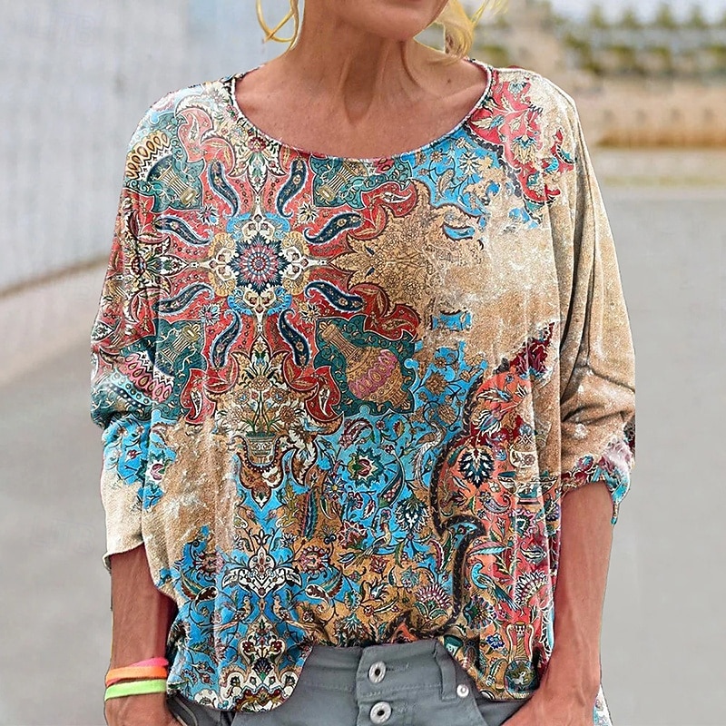 Per donna Camicia Boho Blusa Patchwork Stampato Grafico Vintage Elegante Classico Manica Lunga Girocollo Top Regolari Quotidiano Ferie Uscire Rosa Vino Blu marino Cachi Rosa Primavera Autunno del 2026 a $17.49 –P7