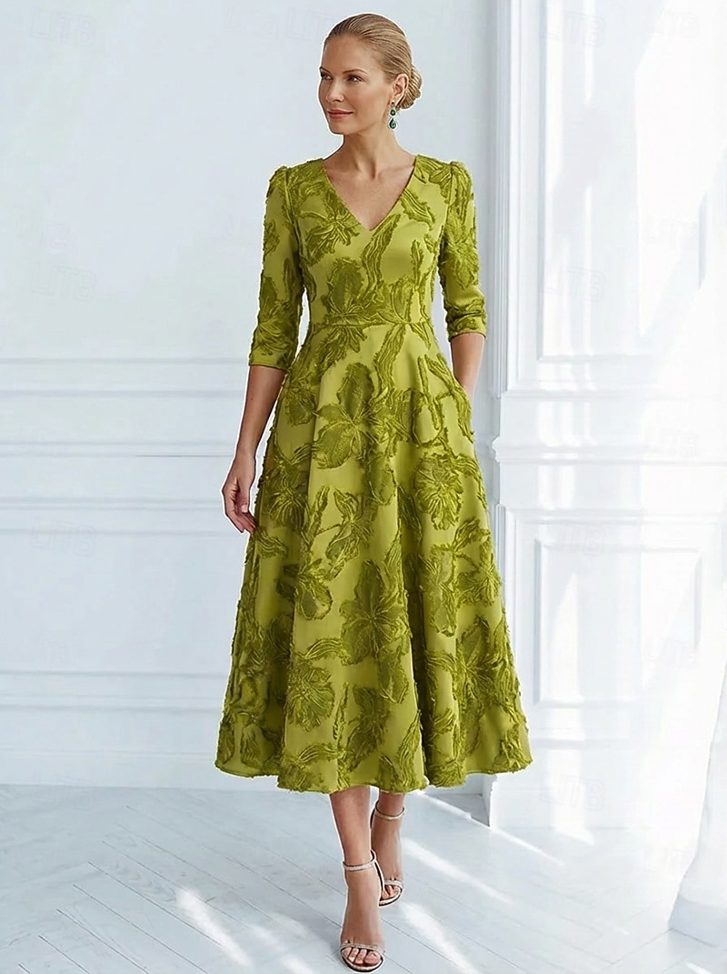 A-linje Ankellengde Te-lengde Formell kjole Cocktailkjoler Elegant 3/4 ermer V-hals Bryllup Formell Sateng Jacquard med Dusk 2026 - $185.99 –P1