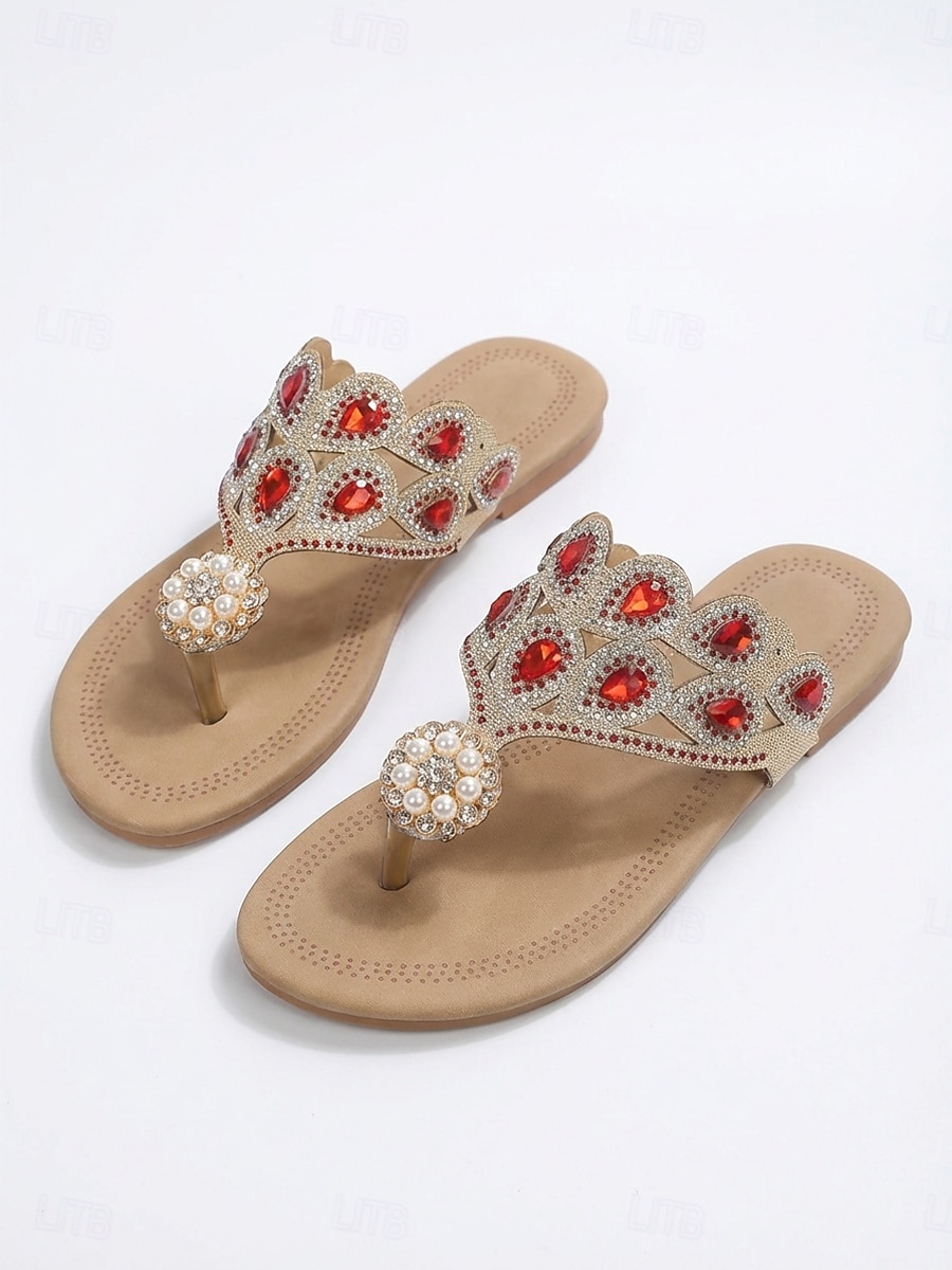 Chinelo feminino boho com aplicações de joias - elegante cristal azul royal &Sandálias rasteiras com tira em T e pérolas, perfeitas para férias na piscina e escapadelas na praia. &roupas de resort de de 2026 por $19.99 –P6