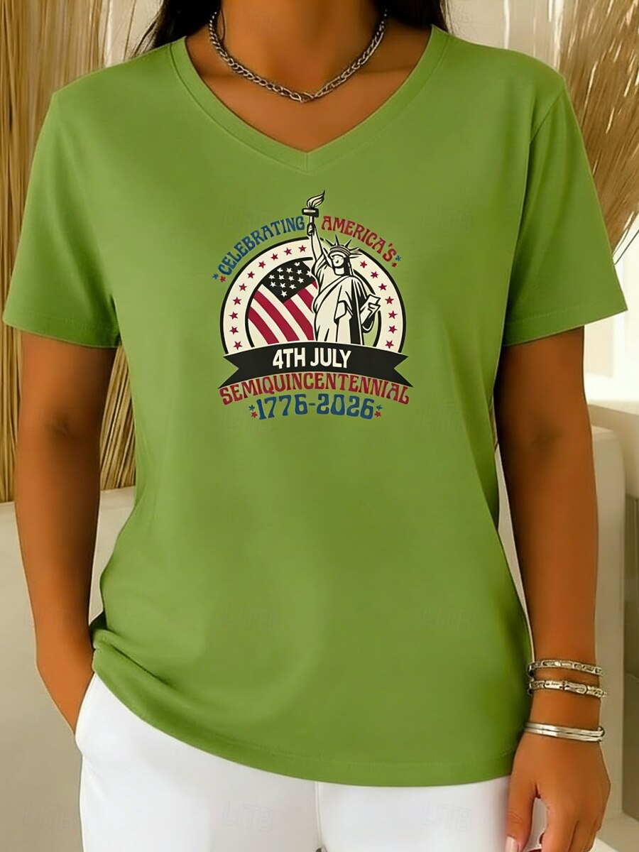día de la independencia americana Mujer Camiseta Camiseta superior Estampado Graphic Elegante Clásico Casual Manga Corta Escote en Pico Tops regulares Diario Noche Fin de semana Azul Piscina Negro 2026 - $16.49 –P1