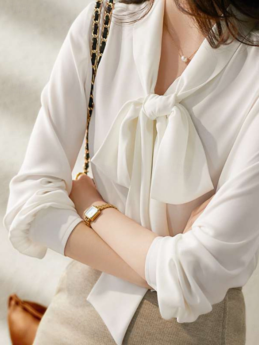 Жен. Рубашка Блуза Топы из шифона галстук спереди Сплошной цвет Полотняное плетение Активный Стиль Классический Длинный рукав Вырез под горло галстук-шея Обычные топы Повседневные Уличная одежда Офис 2026 - $13.99 –P2