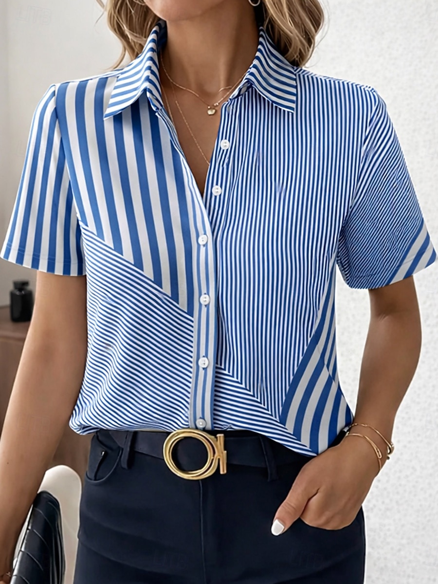 Dames Overhemd Knop Afdrukken Grafisch Geometrisch Vintage Stijlvol Modern Korte mouw Overhemdkraag Normale tops Dagelijks Kantoor blauw Blozend Roze Paars Groen Zomer Lente 2026 - $26.99 –P1