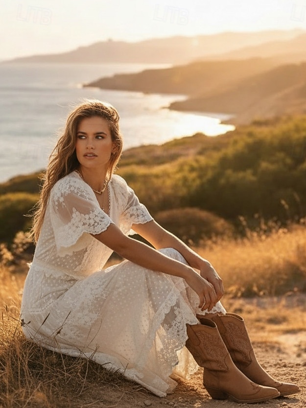 Damen abendkleider Spitzenkleid Schaukelkleid Maxikleid Weiß Kurzarm Einfarbig Spitze Frühling Sommer V Ausschnitt Boho 2023 S M L XL 2026 - $43.99 –P1