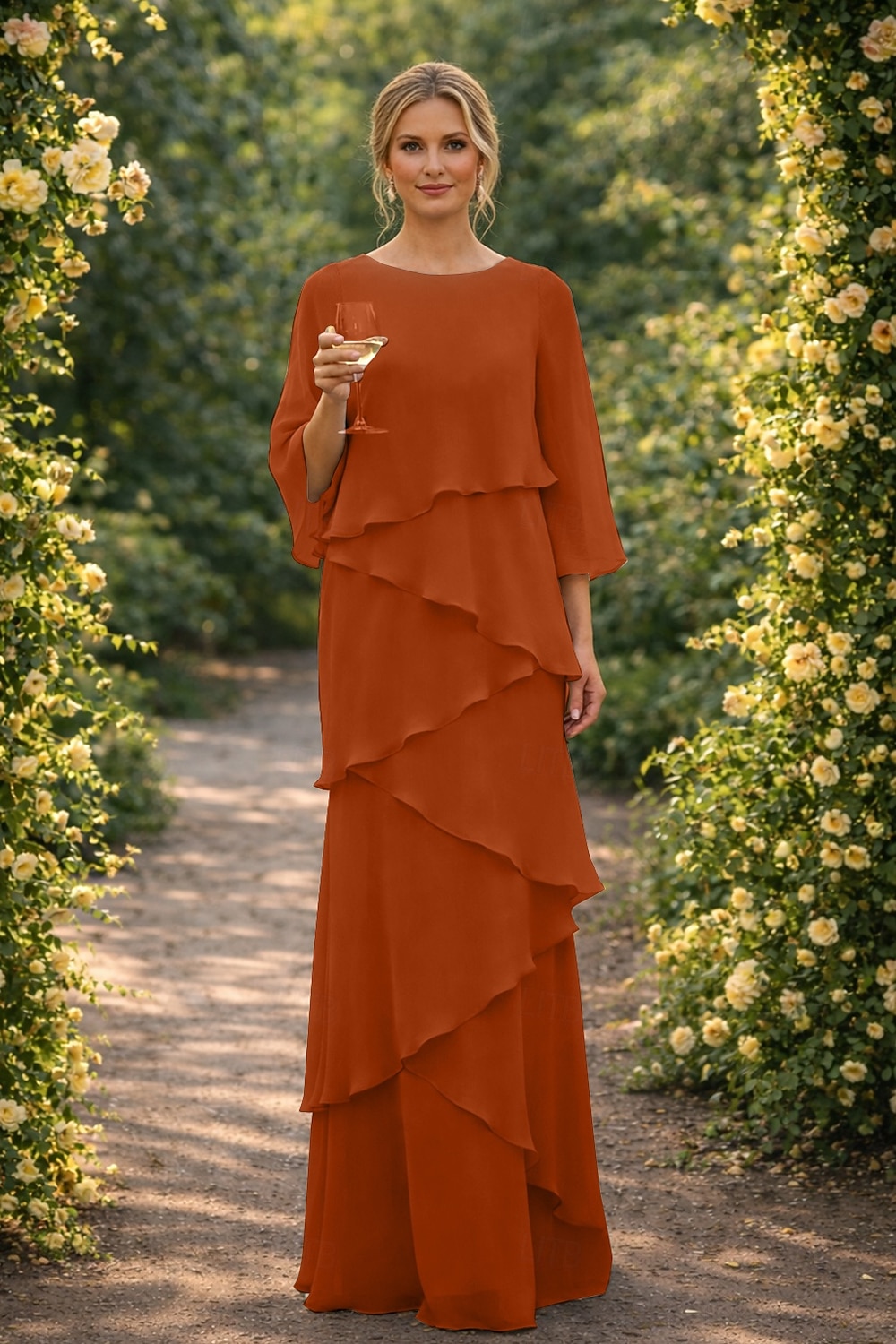 Schlauchkleid Bodenlang Kleid für Hochzeitsgäste Abendkleid Brautmutterkleid Dreiviertelarm Rundhalsausschnitt Elegant Formell Chiffon mit Rüschen 2026 - $89.99 –P9