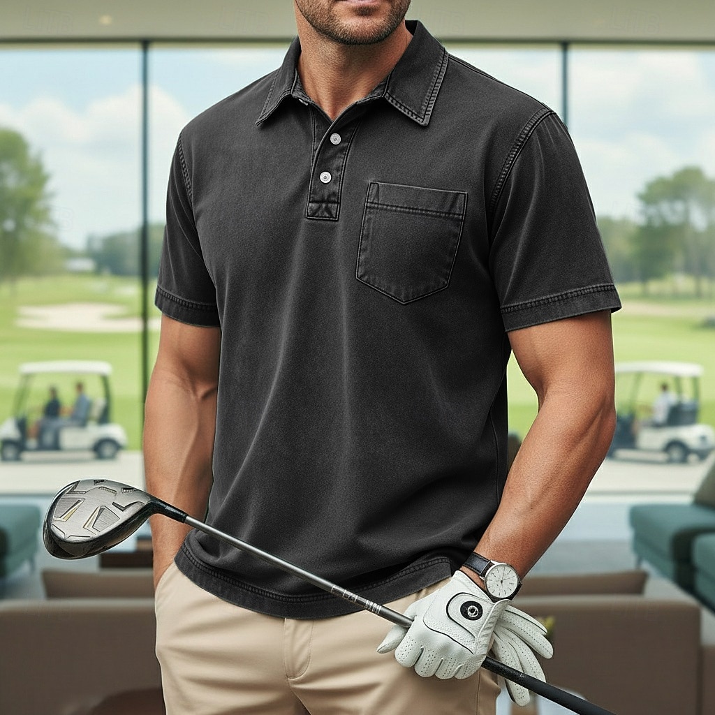 Homens Camisas Polo Camisa 100% algodão com lavagem ácida Casual O negócio Lapela Manga Curta Moda Básico Tecido Vintage Angustiado Verão Primavera Primavera Verão Normal Castanho Escuro Preto Verde de 2026 por $31.99 –P13