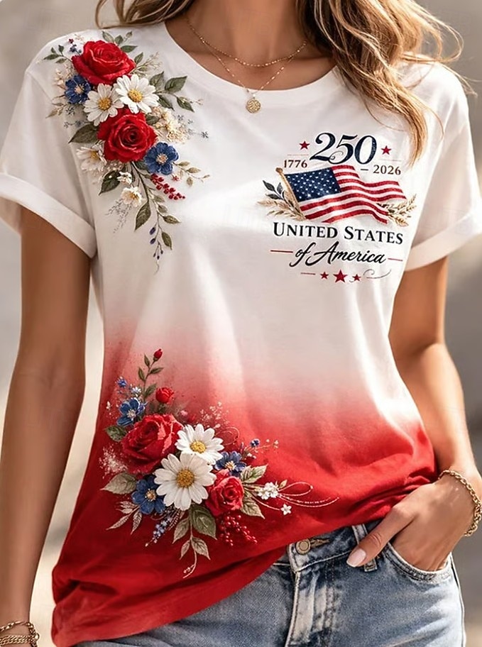 día de la independencia americana Mujer Camiseta Estampado Graphic Letra Bandera estadounidense Elegante Clásico Casual Manga Corta Cuello Barco Tops regulares Diario Azul Piscina blanco rojo Verano 2026 - $22.99 –P1