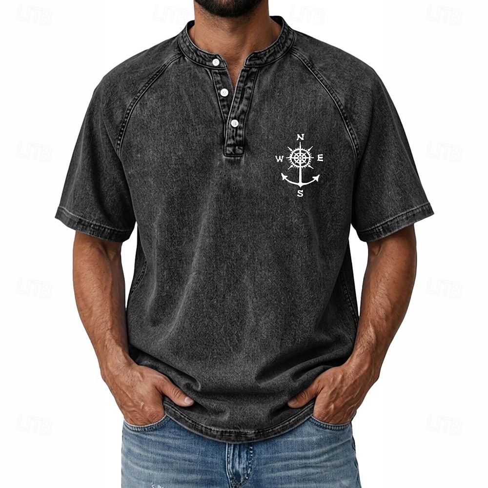 SoftFade™ Men's Demin Shirt 100% Cotton Acid Wash Shirt Henley Top Short Sleeve Vintage Distressed Casual Home Street Summer Spring Black Pink Light Green Gray Light Blue Stand Collar Henley 2026 - $31.99 –P11