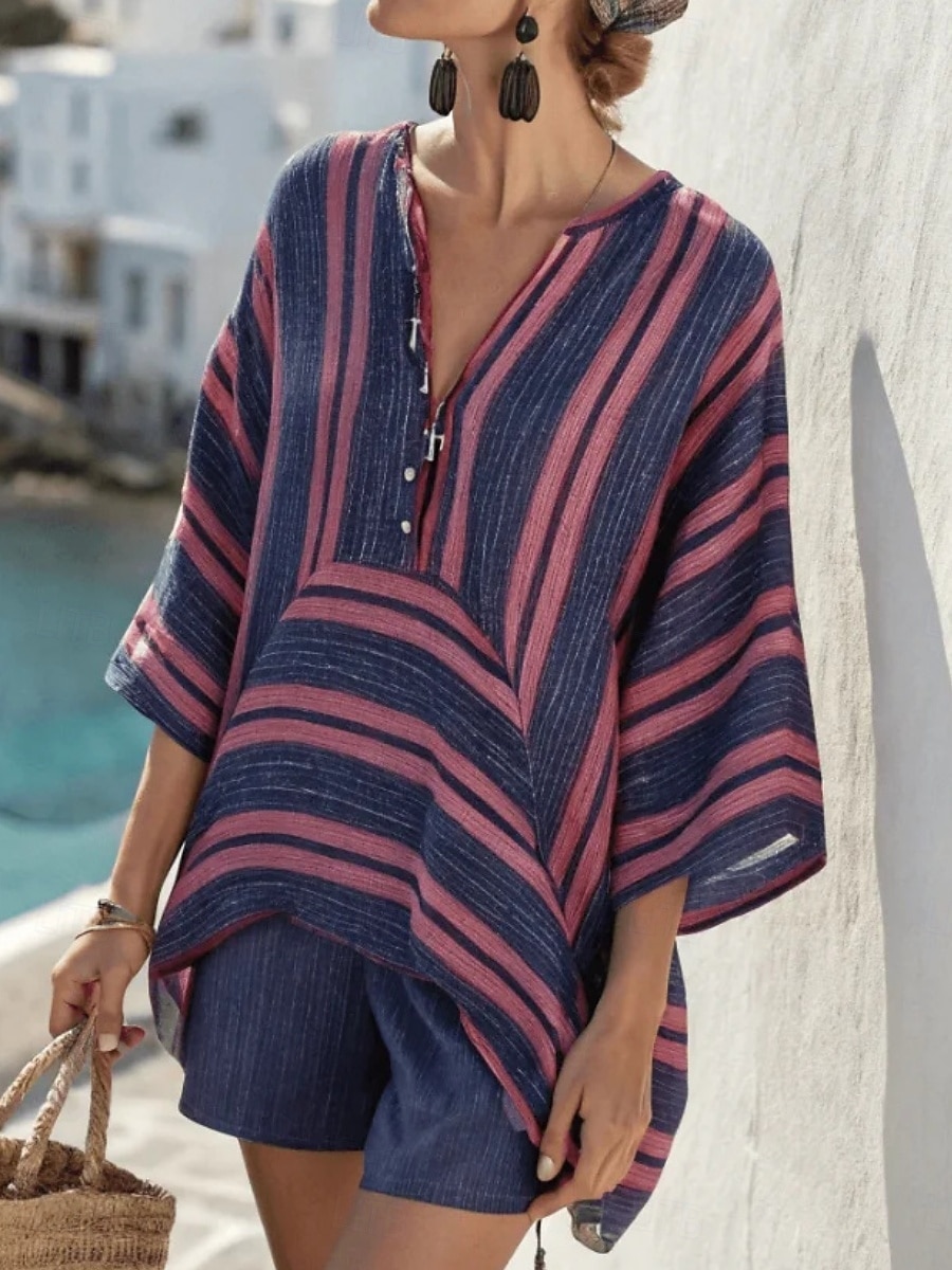 Per donna Set effetto lino Set di Pantaloncini Manica 3/4 Scollo a V A righe Elegante Moda Streetwear Casuale Quotidiano All'aperto Blu Cachi Blu marino Primavera & Estate Vestibilità regolare del 2026 a $41.99 –P3