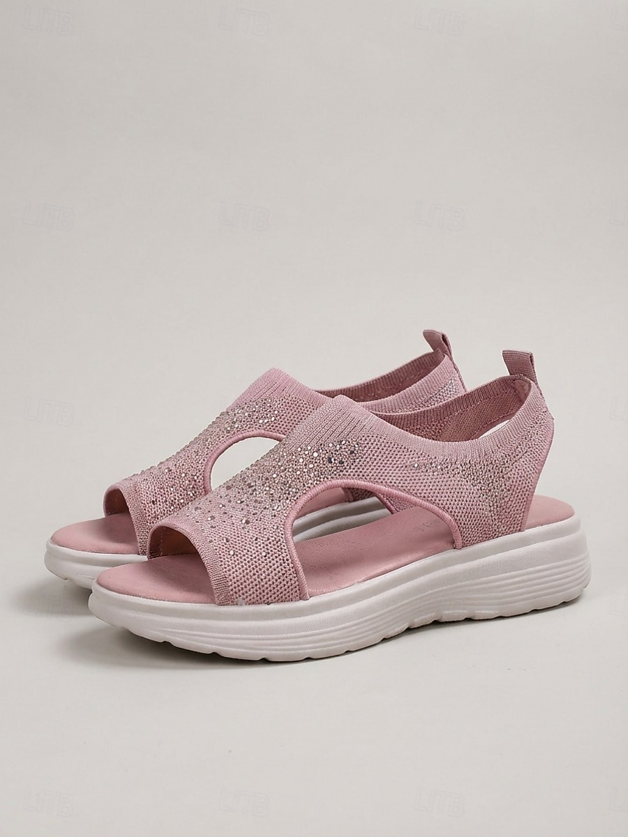 Pinkfarbene Damen-Stricksandalen mit Strasssteinen – atmungsaktive Plateau-Sommerschuhe zum Spazierengehen, Reisen und für den Urlaub &Freizeitkleidung 2026 - $24.99 –P1