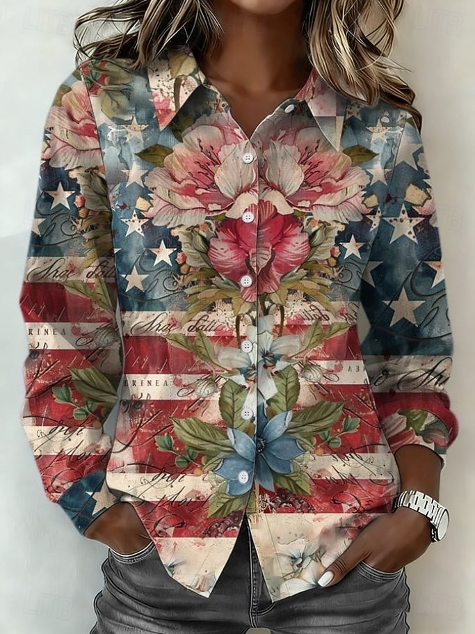 Día de la Independencia Camiseta para Mujeres Americana Botones Impresión Gráfica Aniversario de América Vintage Elegante Moderna de Manga Larga Cuello Cuello Regular Tops Diarios Negro Rojo Celeste 2026 - $32.99 –P1