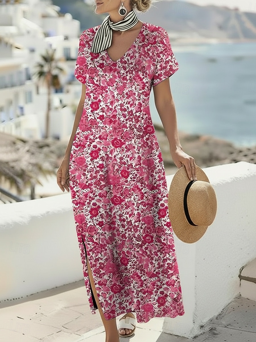 Per donna Abito maxi Abito Boho Vestito Casual Abito a trapezio Abito Stampato Vintage All'aperto Vacanza Weekend Vestibilità regolare Floreale Grafico Manica Corta Scollo a V Blu Viola Fucsia del 2026 a $25.99 –P2