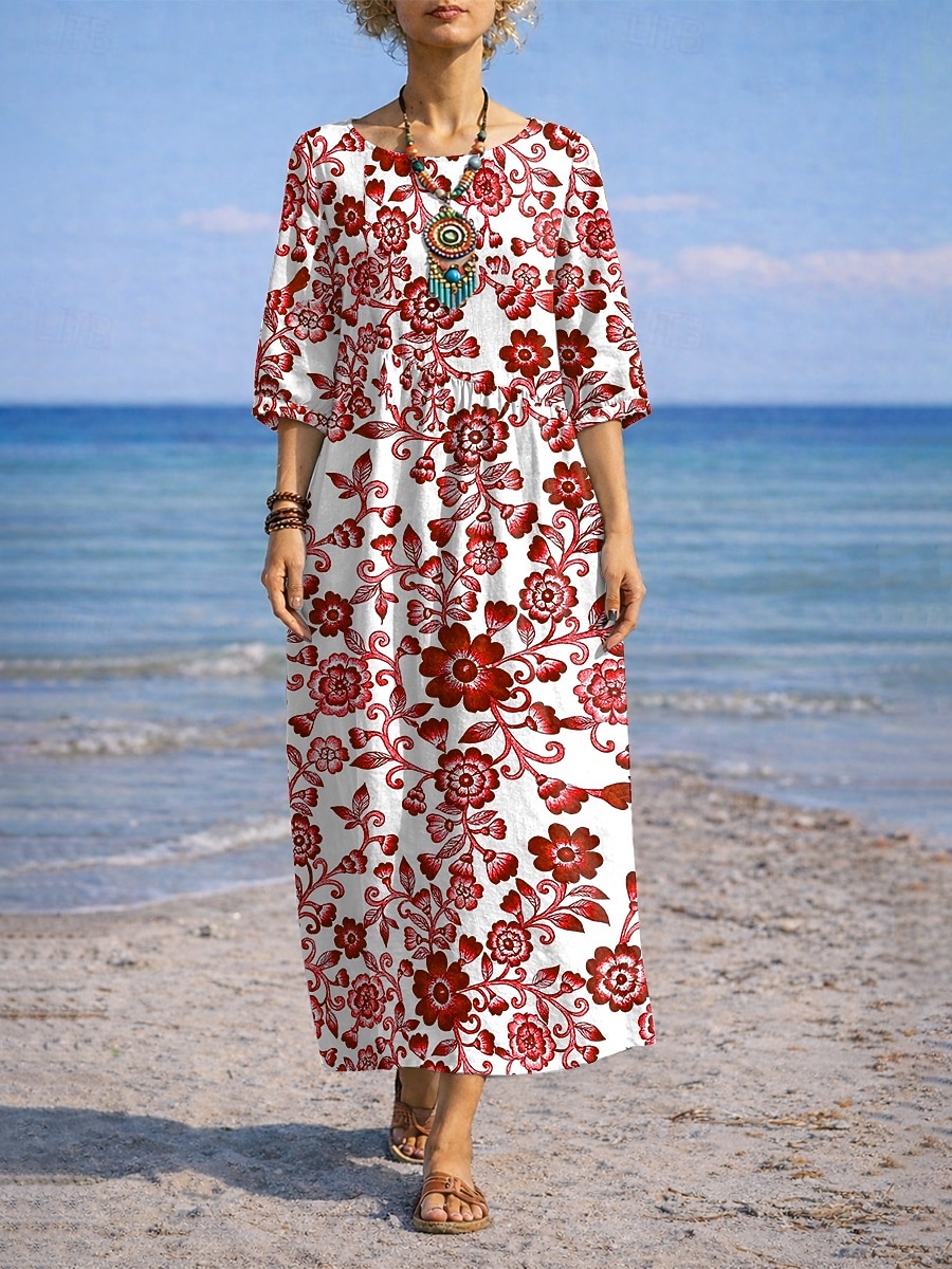 Robe longue maxi femme à fleurs bleues et blanches, style vacances, robe droite décontractée, idéale pour la plage ou les sorties. Motif floral, manches 3/4, col rond, bleu, rouge, violet, vert. de 2026 ? $41.99 –P4